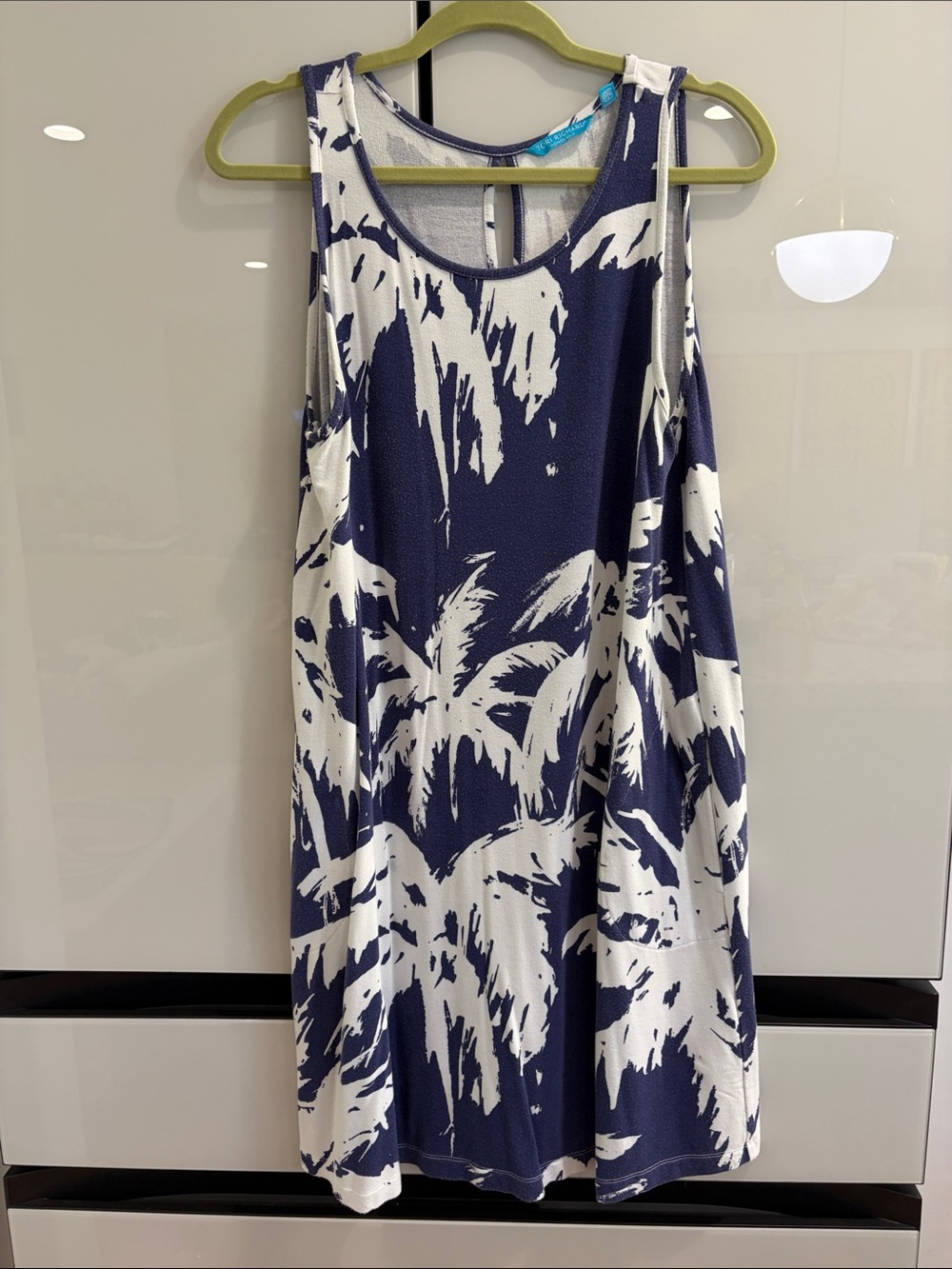 Tori Richard Navy and White Palm Print Tank Dress